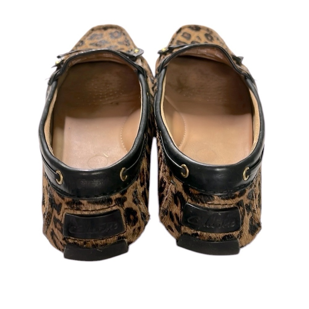 Clarks Brown and Black Calf Hair Leopard Loafers - Picture 4 of 6